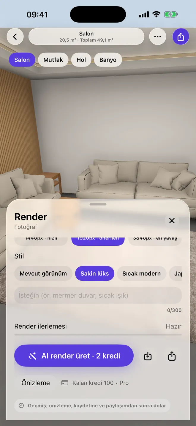 Rozart'ta render paneli ve bitmiş bir salon AI renderı.